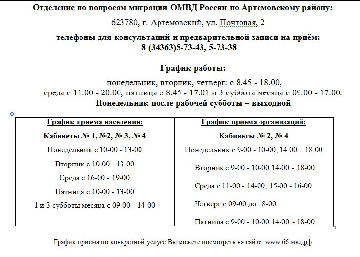 График работы Отделения по вопросам миграции ОМВД России по Артемовскому району 
